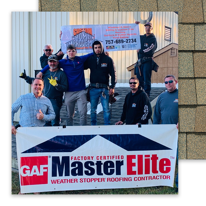 Custom Home Improvement Images - GAF Master Elite logo on top of house with timberline american harvest shingle, american wheat style, and shingle behind it