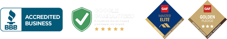 logos-hires logos and awards: BBB accredited business, BBB A+ rating, Google guaranteed, GAF master elite, golden pledge, and presidents club